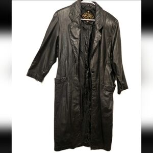 ​VTG Charles Klein Black Leather Trench Coat 90s Matrix Goth Paisley Lined LRG